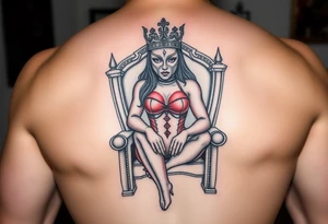 powerful female dominatrix wearing a red latex catsuit and a detailed facemask crown sitting on her throne tattoo idea