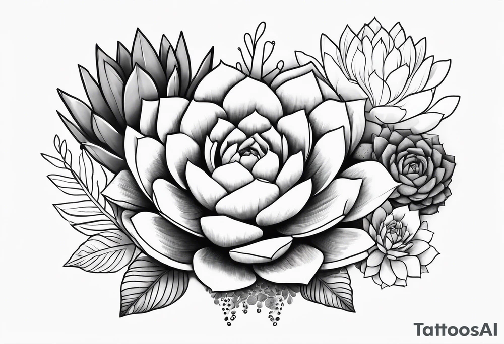 fine line. one big succulent in the middle. Two smaller succulents on the side. Dots and floral
. Sternum tattoo grey scale shading tattoo idea