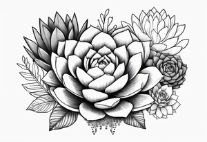 fine line. one big succulent in the middle. Two smaller succulents on the side. Dots and floral
. Sternum tattoo grey scale shading tattoo idea