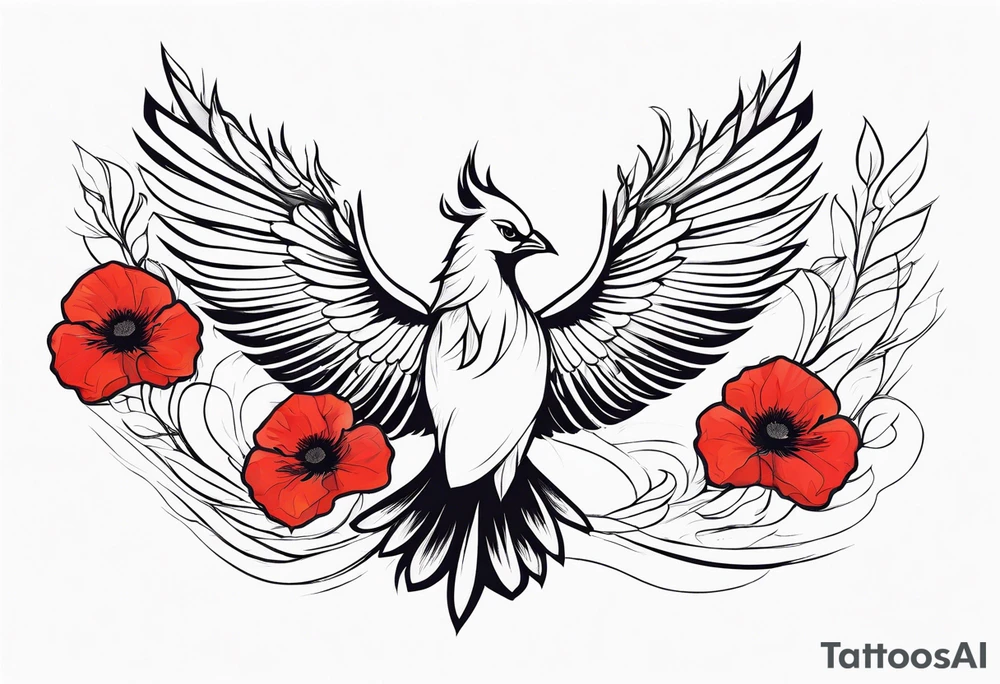 abstract pheonix holding red poppies in flight tattoo idea