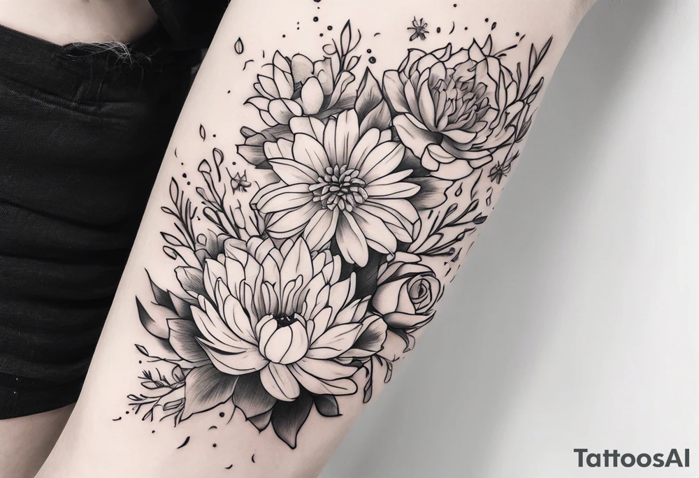 Asters, roses, lillies, and chrysanthemums in a long line tattoo idea