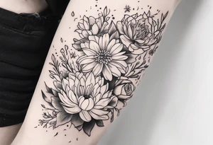 Asters, roses, lillies, and chrysanthemums in a long line tattoo idea