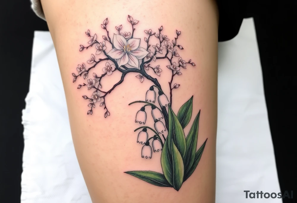 White lily in the valley bells underneath a cherry blossom tree that's blooming tattoo idea
