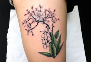 White lily in the valley bells underneath a cherry blossom tree that's blooming tattoo idea