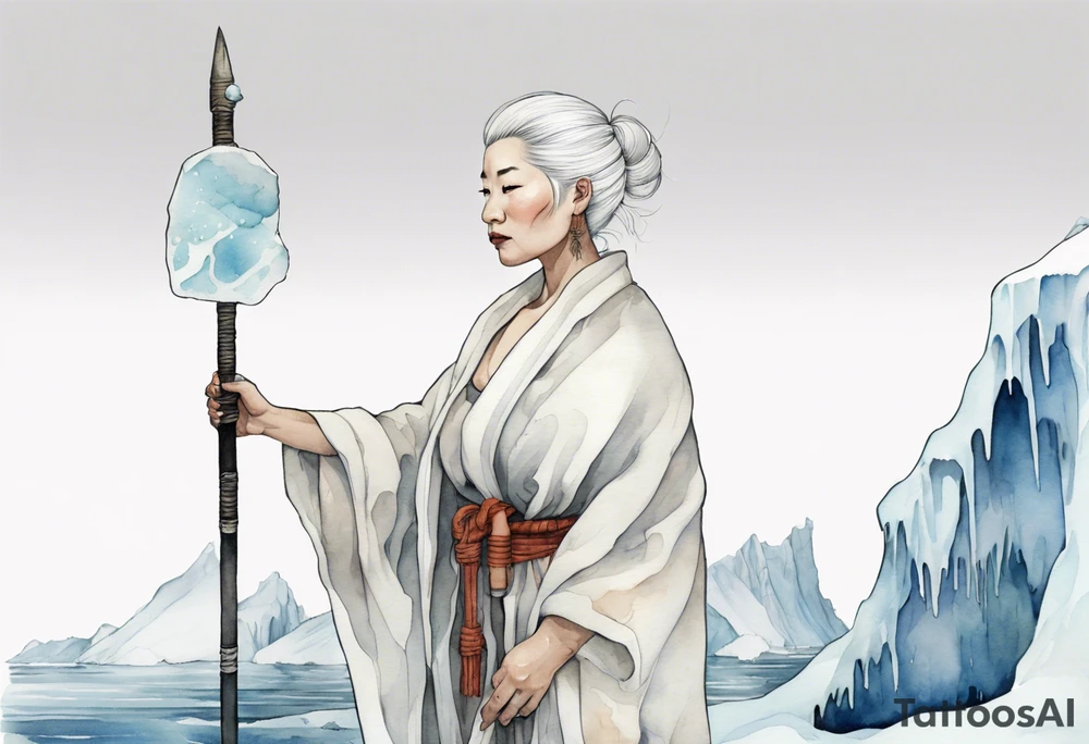 a 40 year old Inuit woman with white hair and a white robe holding a silver and white staff, standing on an iceberg tattoo idea