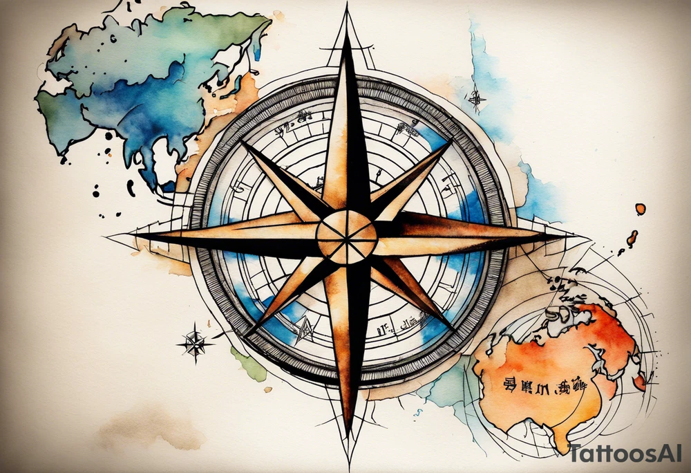 Travel themed for thigh, compass rose overlaid with a map spilled watercolor and tiny C130 tattoo idea