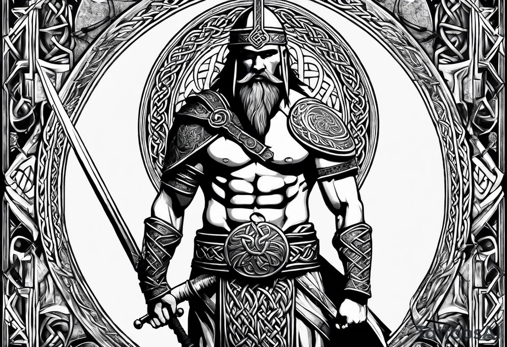 Side profile full body of a celtic warrior with weapons tattoo idea