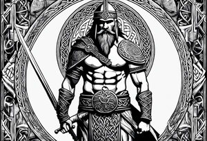 Side profile full body of a celtic warrior with weapons tattoo idea