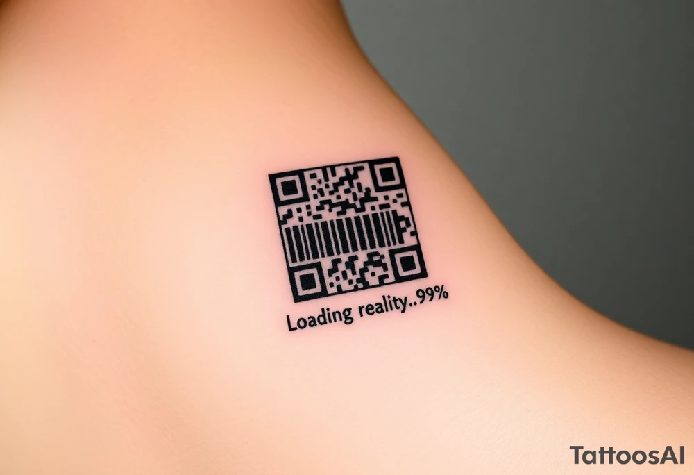 "QR-code tattoo that scans to a 10-second loop of:  
- Buffering symbol  
- Text: 'Loading reality... 99.9%'  

Style: High-contrast. Inner wrist." tattoo idea