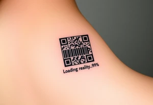 "QR-code tattoo that scans to a 10-second loop of:  
- Buffering symbol  
- Text: 'Loading reality... 99.9%'  

Style: High-contrast. Inner wrist." tattoo idea