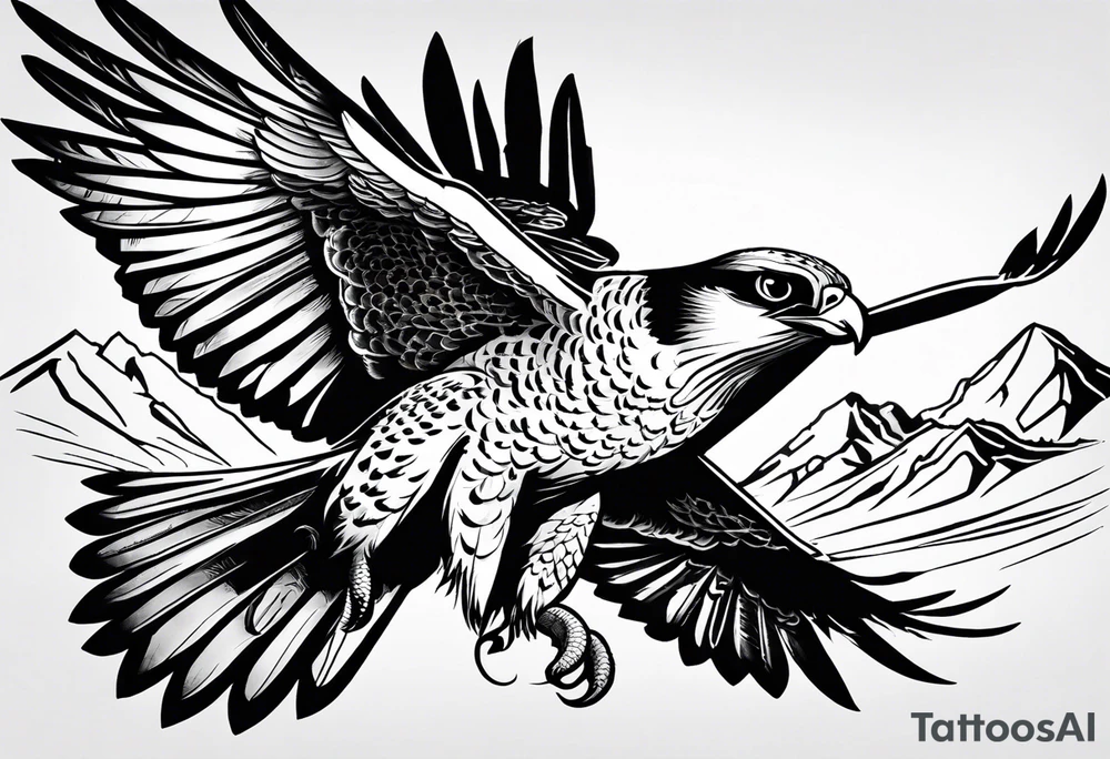 I would like to design a full sleeve tattoo with an outdoor theme. I want to have a mountain and a river on the upper outside part of the arm and a large peregrine falcon holding a snake somewhere else in the tattoo tattoo idea
