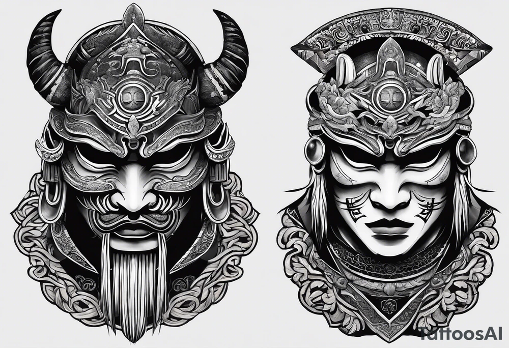 hanya mask on the shoulder, mask from ghost of Tsushima, hanya mask with three eyes, mask symbol of freedom and calmness tattoo idea