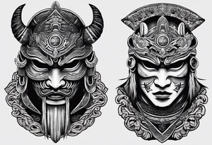 hanya mask on the shoulder, mask from ghost of Tsushima, hanya mask with three eyes, mask symbol of freedom and calmness tattoo idea