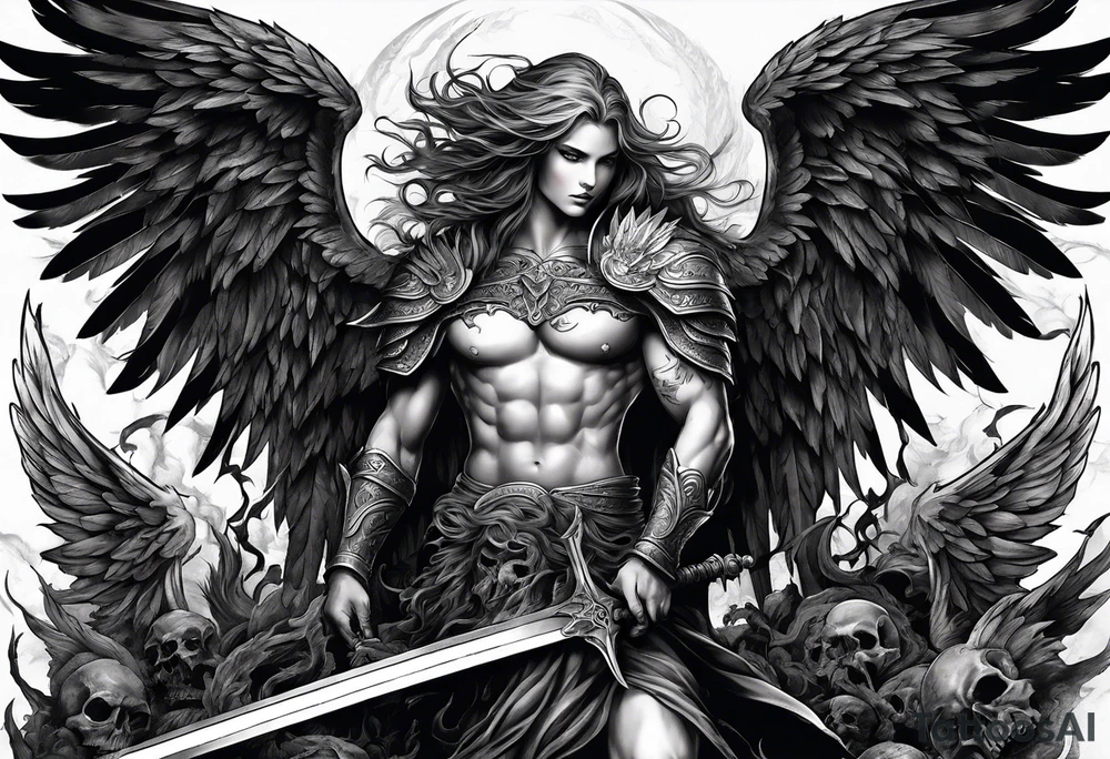 Angel with long sword on a pile of dead demons tattoo idea