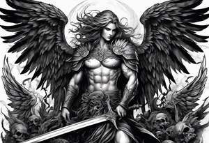 Angel with long sword on a pile of dead demons tattoo idea
