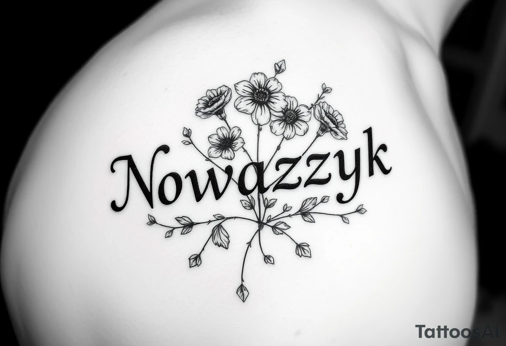 The word Nowaczyk surrounded by three flowers with  vines running through it 
on the lower tricep, medium size tattoo idea