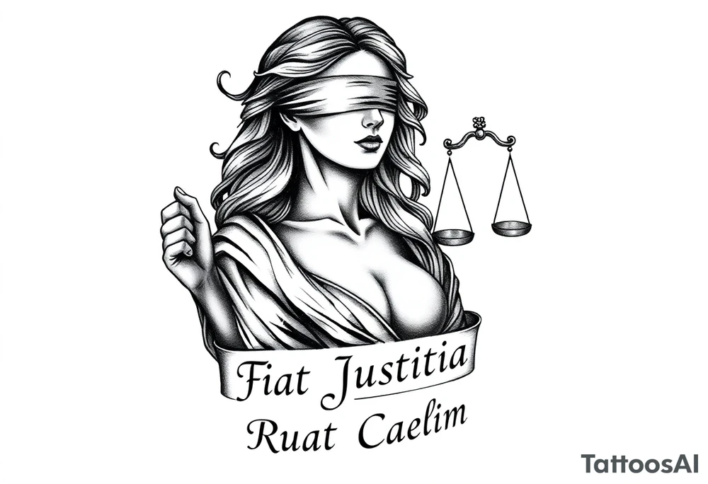 A striking black and grey tattoo design of a regal, blindfolded woman, symbolizing justice. She has an air of strength and wisdom, with flowing hair and a serene yet powerful expression. One breast must be exposed, representing vulnerability and truth. She holds a sword in one hand, symbolizing enforcement of justice, and a set of scales in the other, signifying balance. The Latin phrase ‘Fiat Justitia Ruat Caelum’ is elegantly inscribed in a classical, Roman-inspired font, either flowing beneath her or wrapping around the design. The overall style is a fusion of realism and fine-line tattoo artistry, with intricate shading and dramatic contrasts to give depth and texture. make it to fit the upper right arm and ensure the nipple is exposed to represent vulnerability tattoo idea