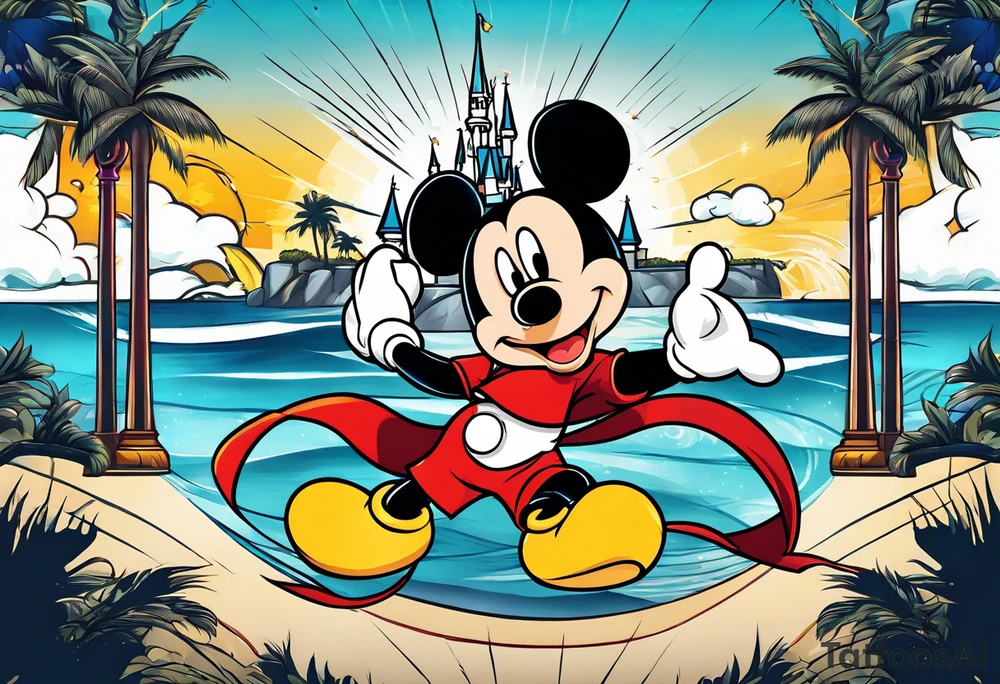 mickey mouse holding lightning with palm trees doing martial arts at the disney castle tattoo idea