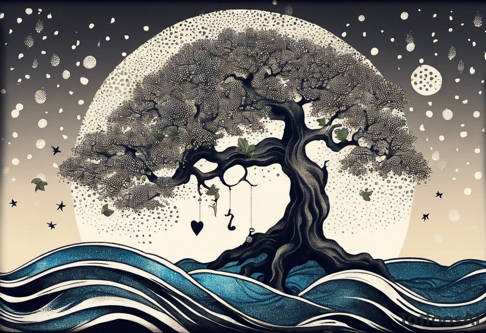an abstract Tree of Life tattoo. It should have roots growing out of the bottom. The roots slowly turn into water from the Great Wave by Hokusai. A golf flag should be placed discreetly growing out of the ground. 2 license plate tags should be hanging from the tree. Place a few music notes in the areas the leaves should be. The letters A U should be engraved into the tree trunk in a heart. tattoo idea