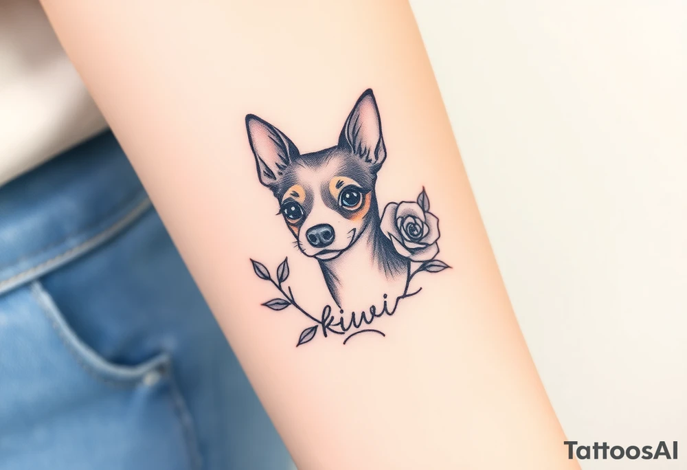 Cute female Brindle dog with the name kiwi . And a tiny rose around her . With her ears pointy a little big tattoo idea