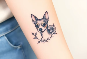 Cute female Brindle dog with the name kiwi . And a tiny rose around her . With her ears pointy a little big tattoo idea