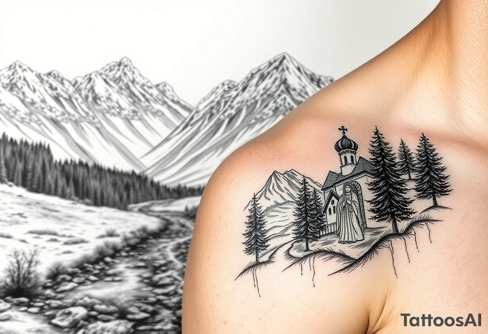 Mountainous valley with creek and a few trees with a Russian orthodox kazan scene covering my shoulder entering my upper arm with a Russian orthodox Virgin Mary tattoo idea
