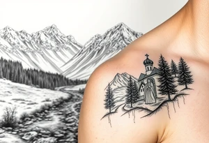 Mountainous valley with creek and a few trees with a Russian orthodox kazan scene covering my shoulder entering my upper arm with a Russian orthodox Virgin Mary tattoo idea