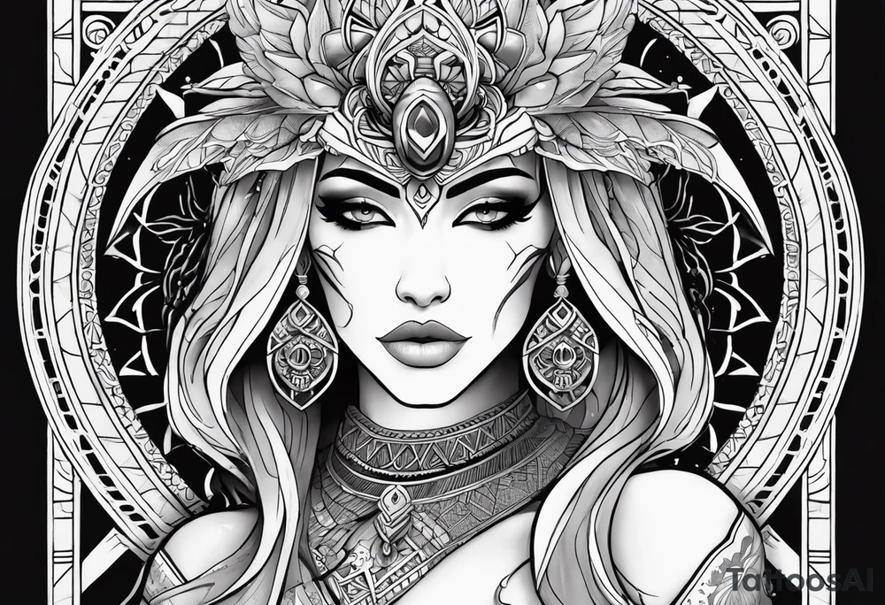 kali ma, alien goddess, valkrye, aries, pirate, divine feminine, zenza resonance, pachamama, lotus azul, blank panther, eagle, skull, 5D, nueva gaya, dna 12, left side chest tatoo tattoo idea