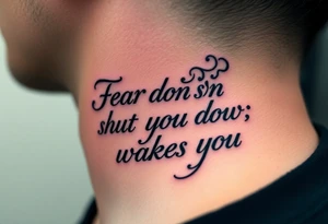 "Fear doesn’t shut you down, it wakes you up" engraved in an elegant script, surrounded by subtle abstract smoke tattoo idea