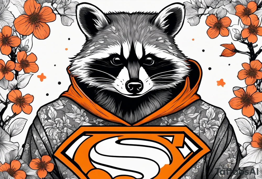 raccoon wearing a black and white Superman hoodie and orange Japanese cherry blossoms tattoo idea