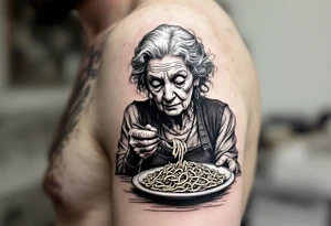 Arm tattoo: An old lady eating a plate of pasta tattoo idea