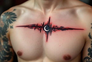 A red and black EKG line across the chest with a small white crescent moon at the peak, symbolizing life's rhythm and mystery. tattoo idea