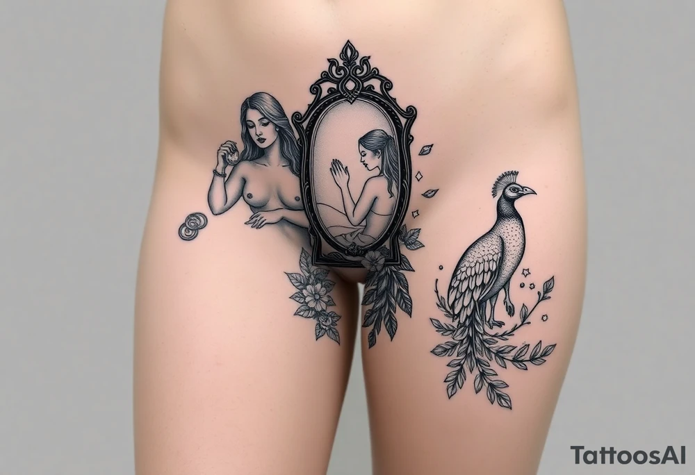 Storm clouds with a fat naked woman and drugs and money  and coinsand mirror and sexy naked couple lustful having sex with pig and peacock tattoo idea