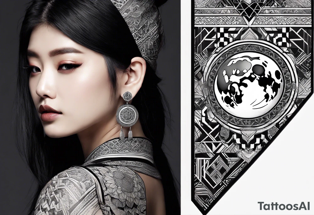 Very asymmetrical, +geometric pattern, with realistic full moon, with hippo, +zen feel, + Buddhism touch, +tribal, +geometric, +inkart , +blackwork
with wintersweet flower bud, +portrait orientation, +inkart touch, tattoo idea