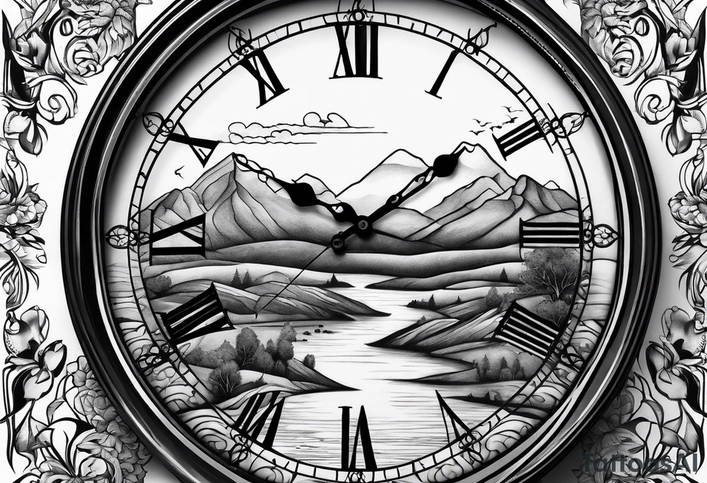 clock with landscape tattoo idea