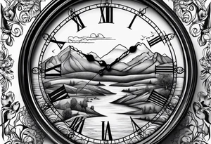 clock with landscape tattoo idea