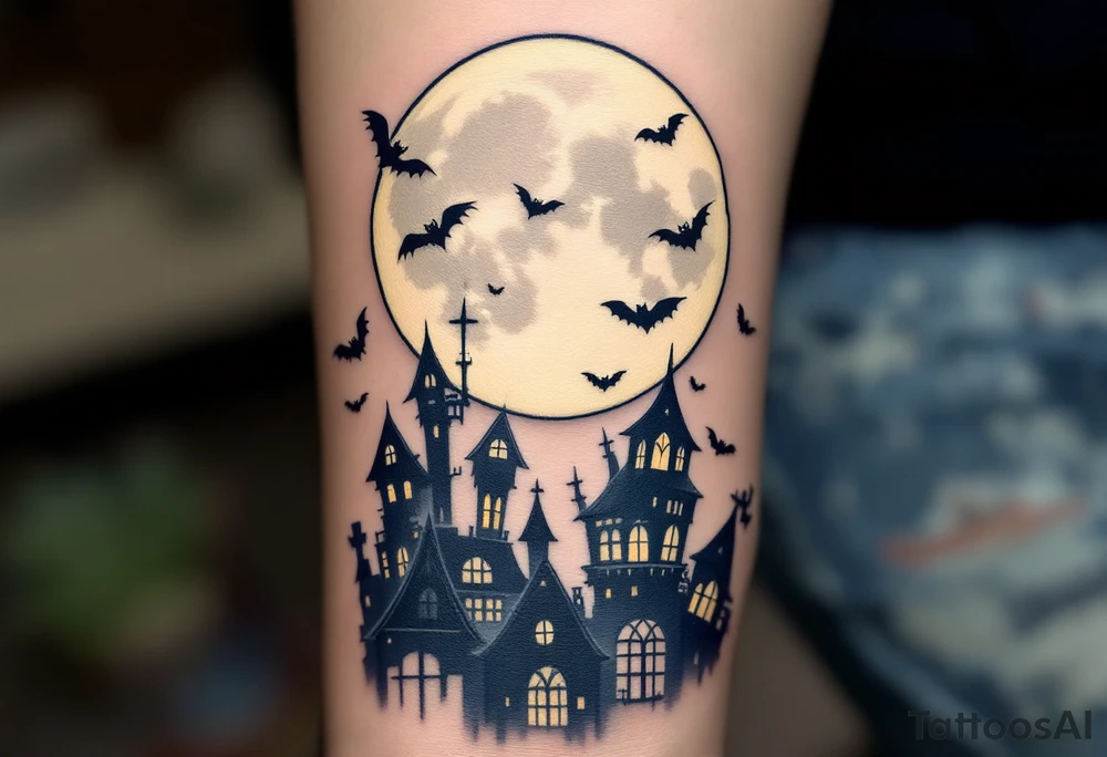 Tim Burton’s stitched moon hangs above crooked rooftops in navy and ivory, surrounded by drifting bats. tattoo idea