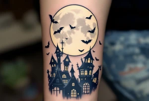 Tim Burton’s stitched moon hangs above crooked rooftops in navy and ivory, surrounded by drifting bats. tattoo idea