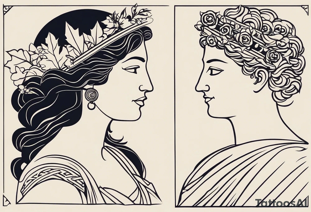 "Design a tattoo featuring the Greek gods Dionysus and Clio, incorporating elements that represent their respective domains and personalities. Consider incorporating symbols of wine, revelry, and artistic inspiration for Dionysus, and symbols of history, literature, and scholarly pursuits for Clio. The design should harmoniously blend these elements while capturing the essence of both deities." tattoo idea