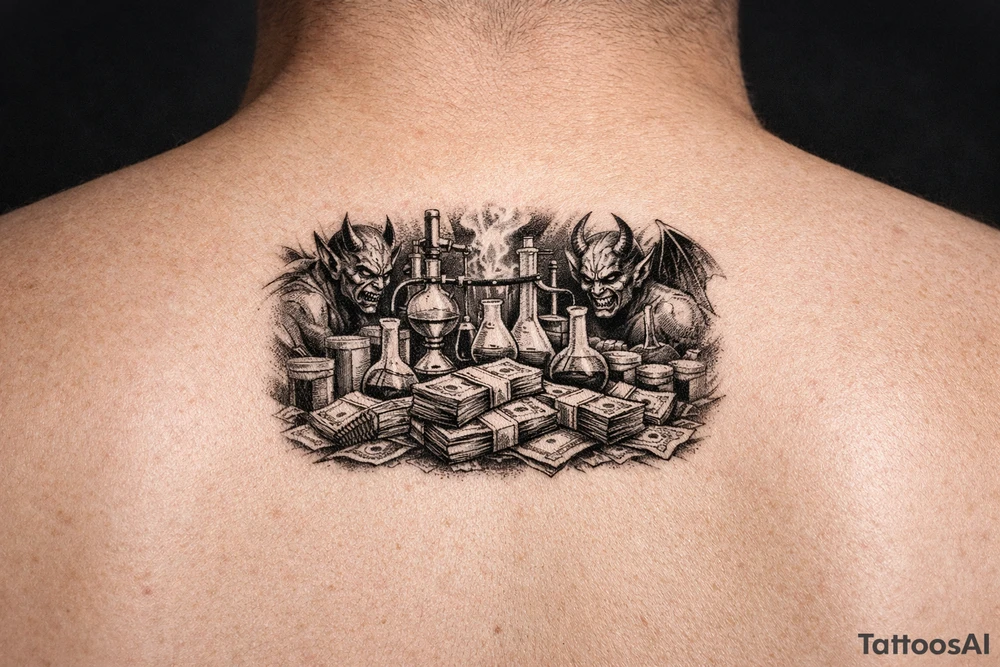 Meth lab with demons and money tattoo idea