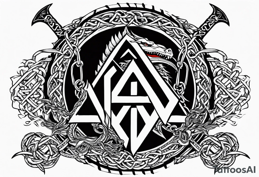 Valhalla sword shield dragon axe Valknut barbed wire chains tattoo idea Valhalla sword shield dragon axe Valknut barbed wire chains tattoo idea