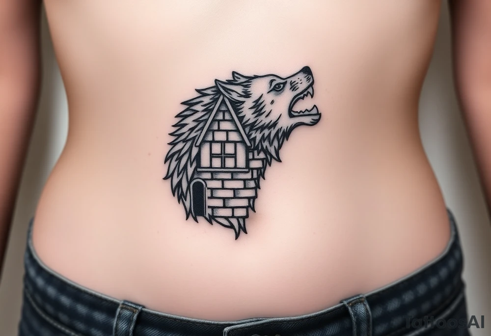 Big bad wolf  blowing down   a brick house tattoo idea