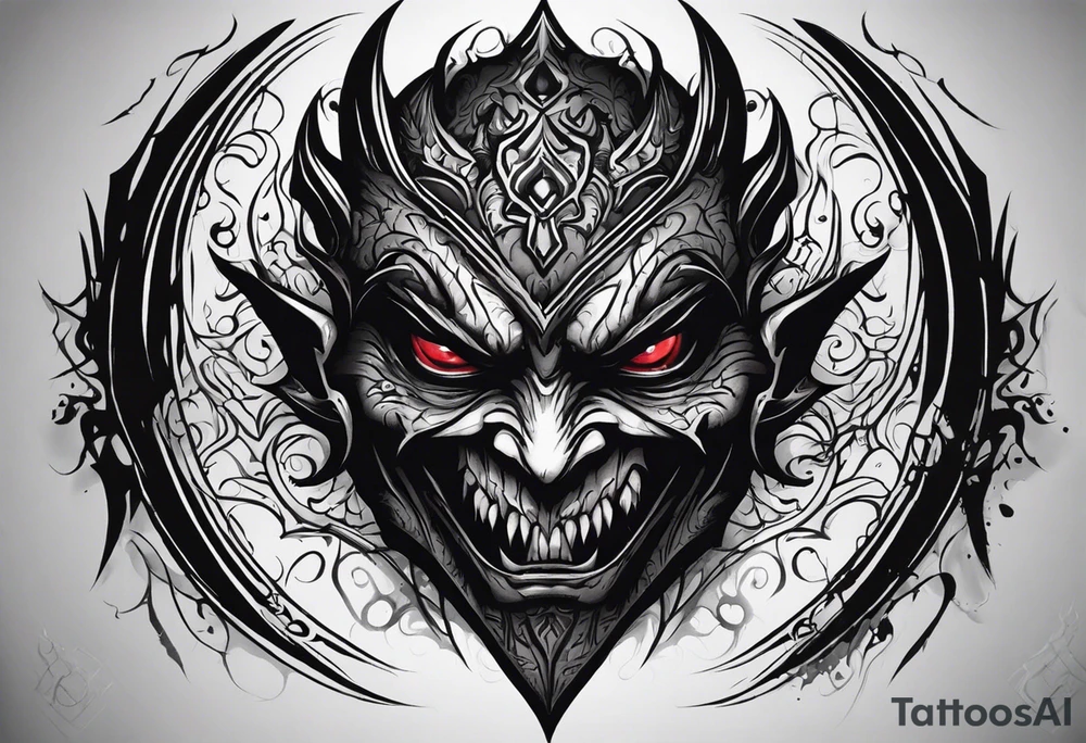 Create a dark tattoo design. The tattoo appears to be a detailed, realistic illustration of a sinister, demonic face. The face has intense features, including large, menacing eyes, a sharp, pointed nose, and a mouth filled with sharp, jagged teeth. He sticks out his long tongue. The design incorporates deep shadows and highlights, giving it a three-dimensional, almost lifelike appearance. Overall, the tattoo creates a haunting and powerful visual effect. tattoo idea