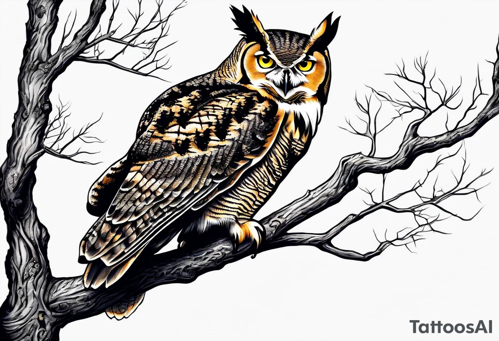 great horned owl in tree on back tattoo idea