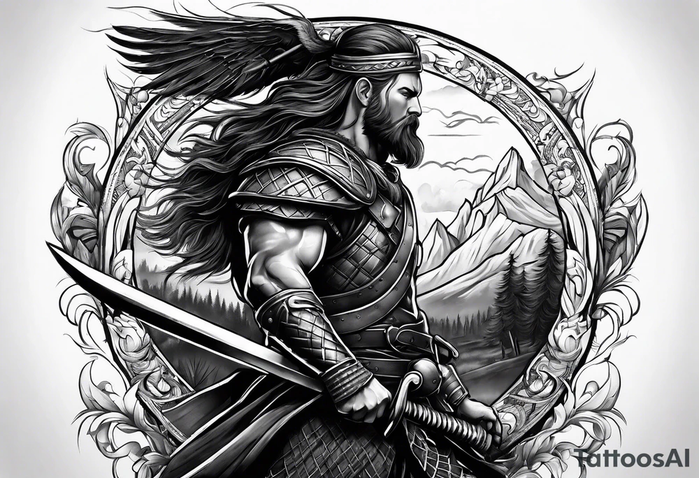 Scottish highland warrior sleeve tattoo idea