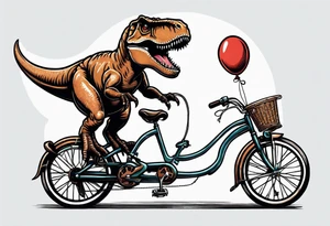 T-rex riding a bicycle holding balloons neo trad tattoo idea