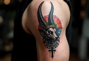 An Anubis with a Halo - Blending Egyptian mythology with Christian spirituality (only red , blue and black are possible colors) tattoo idea