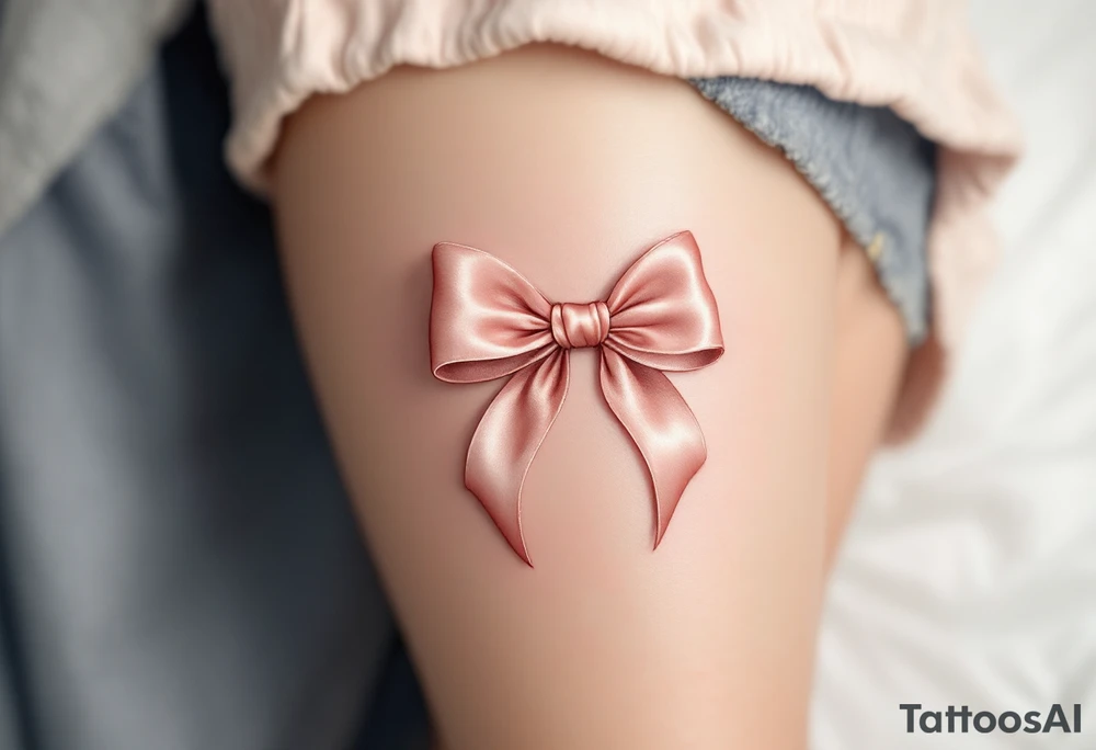 An elegant satin bow tattoo, tied in a perfect knot with gracefully flowing tails, symbolizing unity and everlasting love. The bow is rendered in a soft blush pink with gentle highlights, creating a realistic silk-like sheen. Subtle shadows add depth, making the fabric appear delicately folded. The knot at the center is slightly darker, emphasizing its structure and strength. tattoo idea
