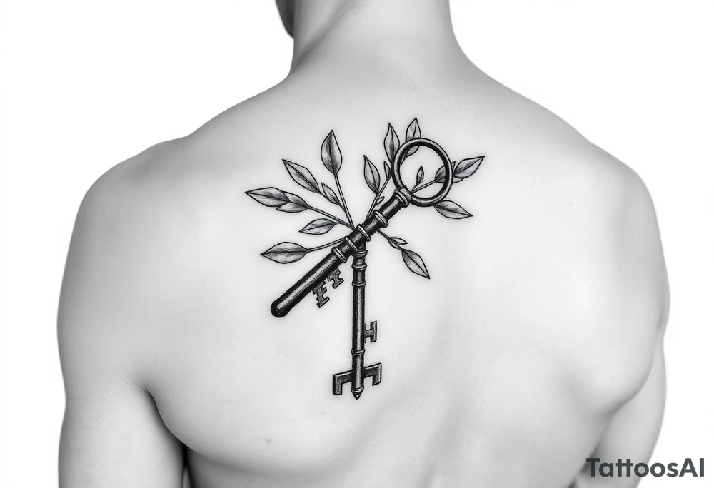 A metal key wrapped in olive leaves on the left arm tattoo idea
