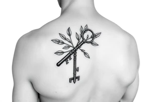 A metal key wrapped in olive leaves on the left arm tattoo idea